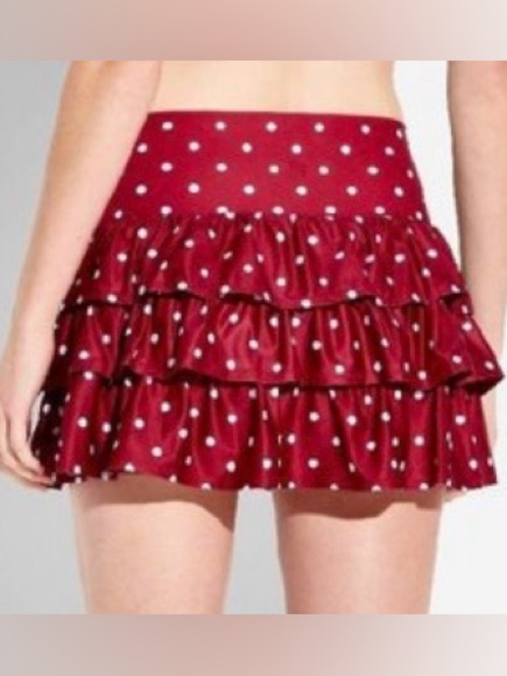 JoyLab Wine Red Polka Dot Tiered Ruffle Mini Skort - Picture 2 of 9